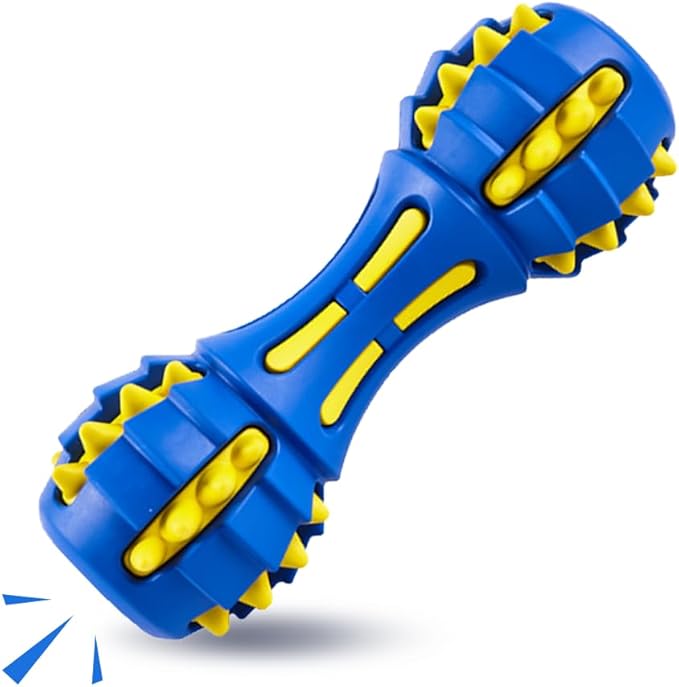 AUSCAT Teething Dog Toys, Durable Squeaky Dog Toys, Rubber Chew Toys for Dogs, Dumbbell Shape, Blue