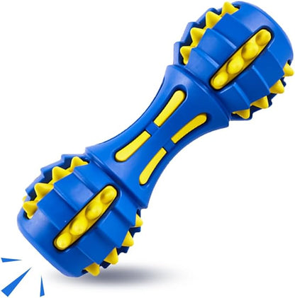 AUSCAT Teething Dog Toys, Durable Squeaky Dog Toys, Rubber Chew Toys for Dogs, Dumbbell Shape, Blue