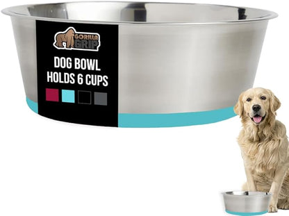 GORILLA GRIP Set of 2 Dog Bowls, Holds 6 Cups (48 fl oz), Heavy Duty Metal Food and Water Bowl for Feeding Dogs and Cats, Dishwasher Safe Rust Resistant Stainless Steel, BPA Free Rubber Base Turquoise