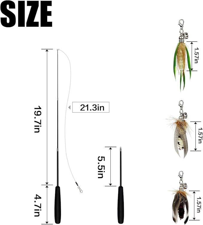 TTcat Cat Feather Wand Toys,Retractable Wand Toy with 3 Mini Insect Refills, Transparent Carbon Wire,Interactive Cat Toy Kitten Toy for Indoor Cats to Play Chase Exercis.