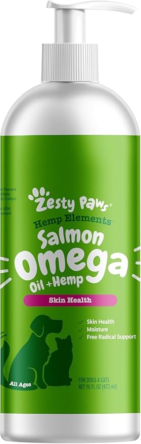 Zesty Paws Salmon Omega Oil Hemp for Dogs and Cats with Wild Alaskan Salmon Oil Omega 3 and 6 Fatty Acids with EPA DHA for Pets Supports Normal Skin Moisture and Immune System Function 16oz