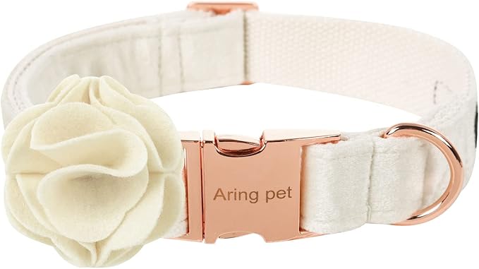 ARING PET Velvet Dog Collars, White Soft Pet Collar with Detachable Felt Flower Metal Buckle for Puppy Small Medium Large Boy Girl Dogs-M