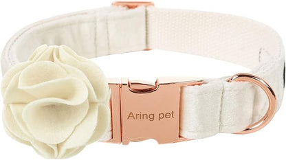 ARING PET Velvet Dog Collars, White Soft Pet Collar with Detachable Felt Flower Metal Buckle for Puppy Small Medium Large Boy Girl Dogs-M