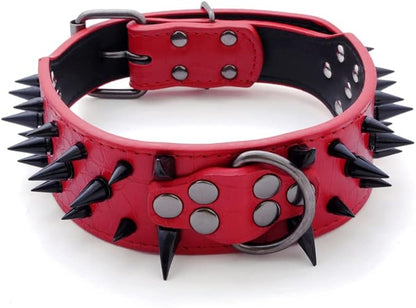 Serijoars Spiked Studded Dog Collar, PU Leather Dog Collar, Adjustable Pet Collars for Medium or Large Breed Pet (XL, Red3)