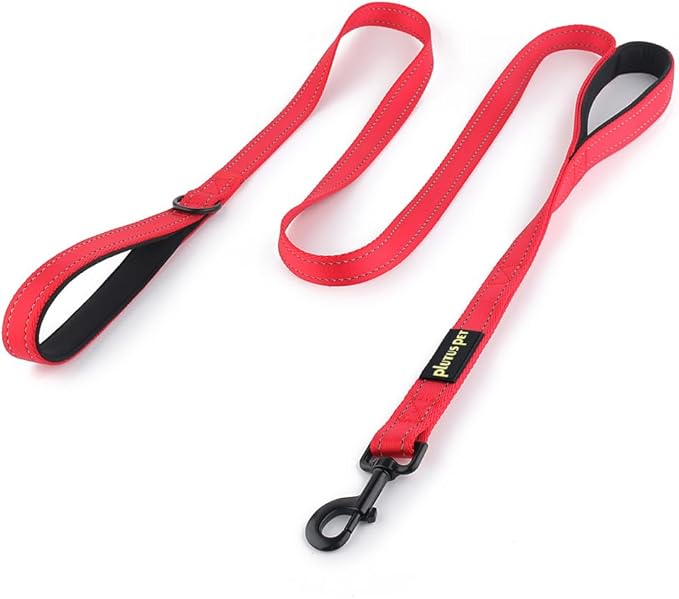 Plutus Pet Double Handle Dog Leash, 6ft, Padded, Heavy Duty, Reflective, Red, 2 Handle Leads