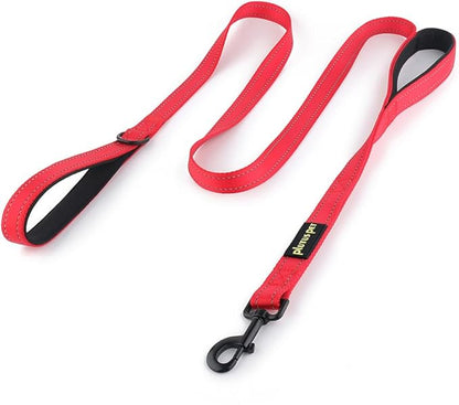 Plutus Pet Double Handle Dog Leash, 6ft, Padded, Heavy Duty, Reflective, Red, 2 Handle Leads