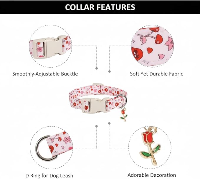 Valentines Dog Collar, Girl Dog Collars with Valentines Day Pattern, Cute Pet Collar with Soft Fabric and Quick Release Buckle, Adjustable for Extra Small, Small, Medium & Large Dogs