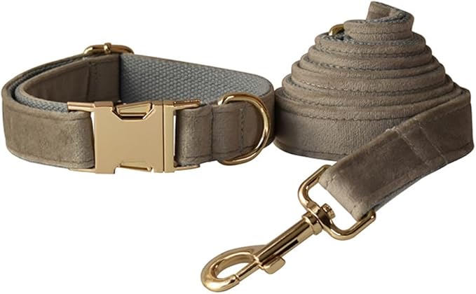 JAY D.L Dog Collar and Leash Set，Soft & Comfy Velvet Dog Collars with Heavy Duty Metal Buckle and Matching Lead Adjustable for Small Medium Large Dogs (Small, Grey)