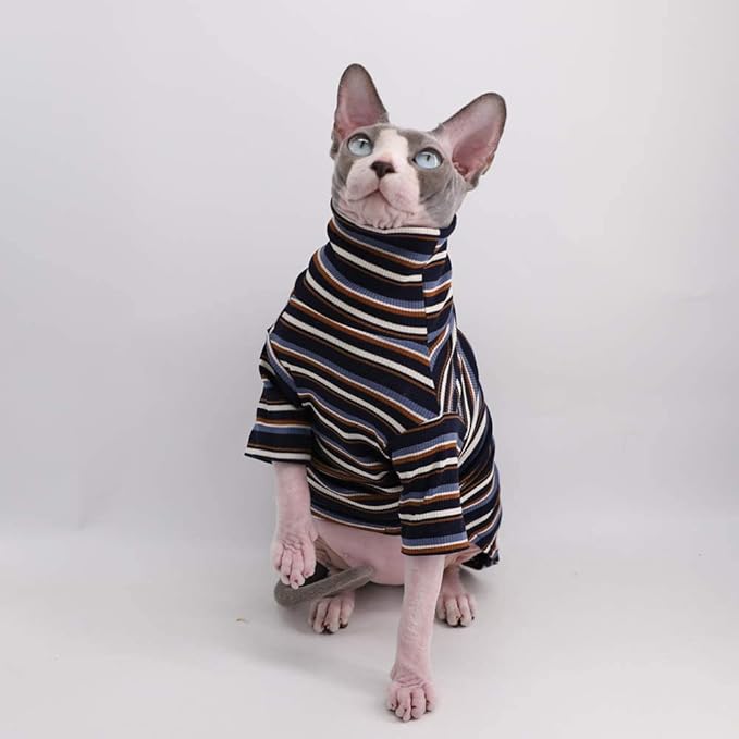 Turtle Neck Vintage Stripes Sphynx Hairless Cat Cotton T-Shirts Pet Clothes Vest Kitten Shirts Sleeveless, Cats & Small Dogs Apparel (Vintage Deep Blue, (7-8.8 lbs))