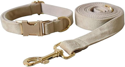 JAY D.L Dog Collar and Leash Set，Soft & Comfy Velvet Dog Collars with Heavy Duty Metal Buckle and Matching Lead Adjustable for Small Medium Large Dogs (Large, Beige)