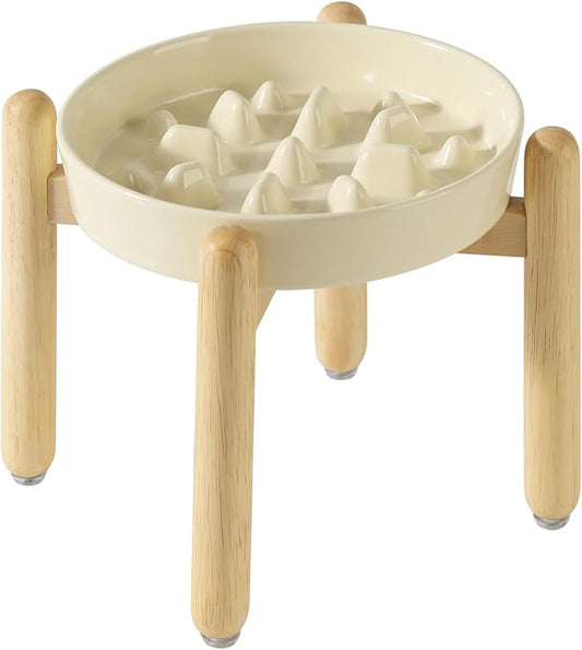 Ceramic 1.6 Cup Dog Raised Slow Feeder Set, Elevated Bowl with Wooden Stand for Medium and Large Dog, 8.2inch Slow Feeder Dish for Fast Easters, Anti-Gulping(Beige, Single Bowl+ Stand)