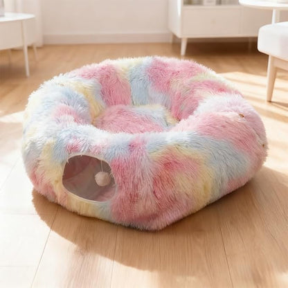 Cat Tunnel with Cat Bed for Indoor Cats, Under Christmas Tree Soft Plush Peekaboo Cat Cave Donut Tunnel, Multifunctional Playground Toys Hideplace for Kittens, Rabbit, Ferret