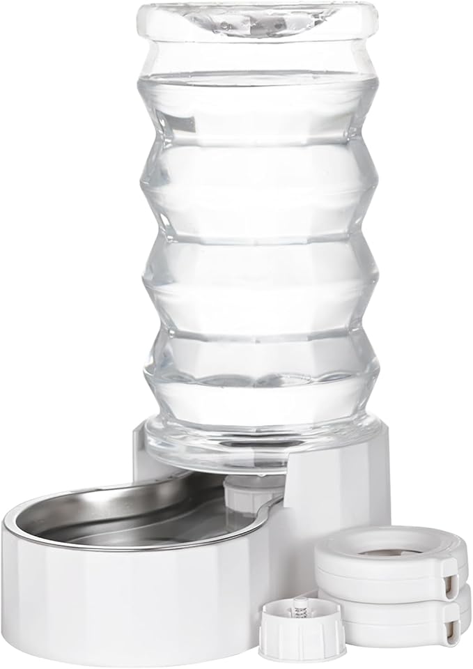 RIZZARI Large Gravity Water Dispenser: 8L Automatic Water Feeder with Stainless Steel Bowl - Two Caps and Filters for 30-60 LB Dogs with Spinal Issues - for Living Room Garage