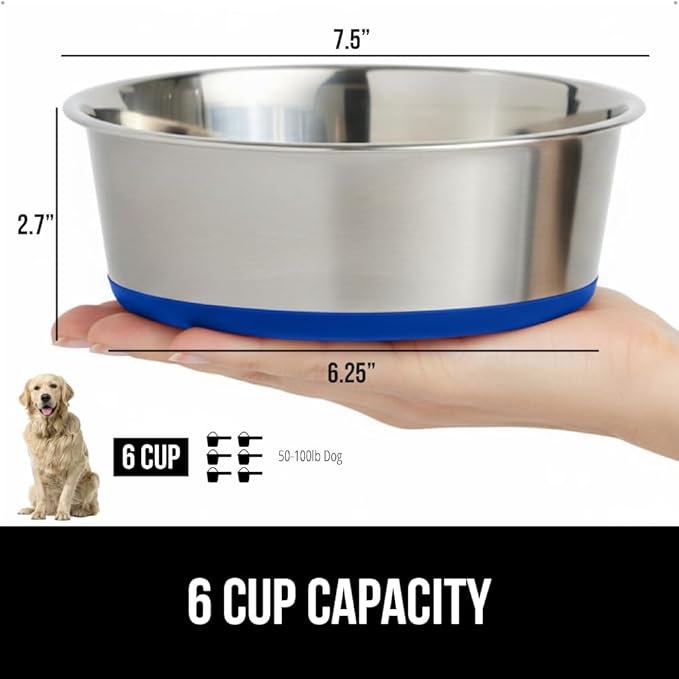 GORILLA GRIP Set of 2 Dog Bowls, Holds 6 Cups (48 fl oz), Heavy Duty Metal Food and Water Bowl for Feeding Dogs and Cats, Dishwasher Safe, Rust Resistant Stainless Steel, BPA Free Rubber Base, Blue