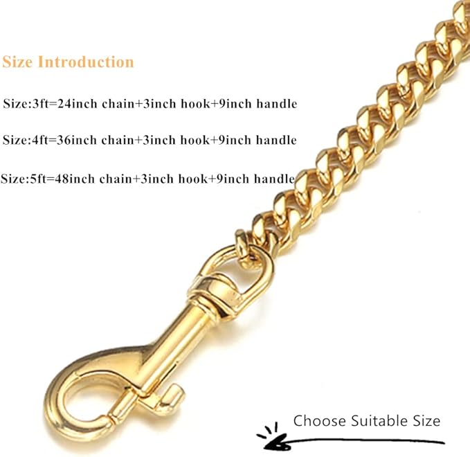 18K Gold Dog Chain Leash 15MM Solid Chew Proof 316L Stainless Steel Cuban Link Chain with Smooth Leather Handle Beautiful Leash for Walking Training 3FT/4FT/5FT(15mm,5ft)…