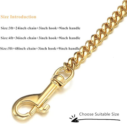 18K Gold Dog Chain Leash 15MM Solid Chew Proof 316L Stainless Steel Cuban Link Chain with Smooth Leather Handle Beautiful Leash for Walking Training 3FT/4FT/5FT(15mm,5ft)…