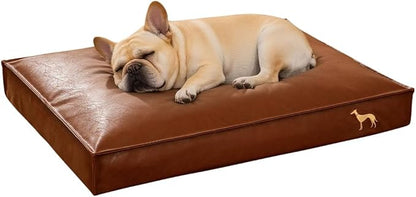 SOMAHE Dog Bed Medium Size Dog Orthopedic Beds for Small Dogs with Removable Washable PU Leather Cover Waterproof Brown 27.5×19.6×4inch