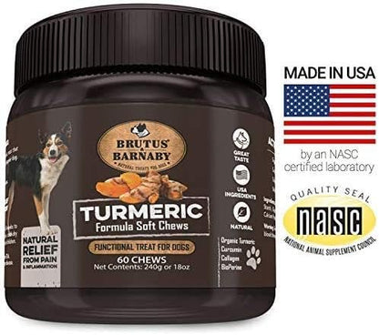 BRUTUS & BARNABY Turmeric for Dogs Anti Inflammatory Pain Relief - Curcumin for Dogs Chews with Collagen & Bioprene - Turmeric Supplement for Dogs Hips, Joint & Mobility Support (120 Count)