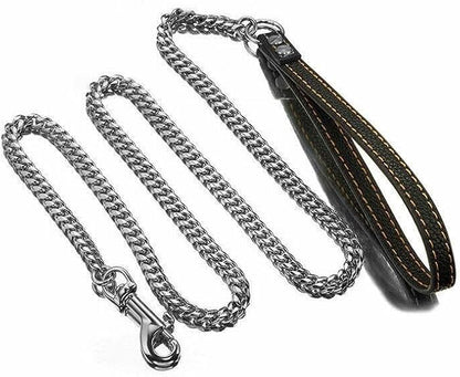3FT/4FT/5FT Heavy Duty Silver Dog Chain Leash 14MM Stainless Steel Miami Cuban Link Chain with Durable Genuine Leather Handle for Training Walking(14mm,5ft)…