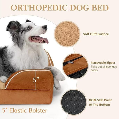 Comfort Expression Orthopedic Dog Bed for Extra Large Dogs 42x30 Inch, Waterproof Supportive Egg Crate Foam XL Pet Bed with Removable Bolsters, Dog Couch with Washable Cover & Non-Slip Bottom, Orange