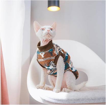 Snixfever Sphynx Cat Clothes,Boho Style Cat Clothes for Fall Winter, 2-Legged Fleece Lined Warm Shirt, Soft Plush Sweater for Hairless Cats Devon Rex (Brown, Medium (3.5-5 lbs))