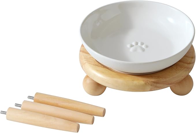 Havniva Raised Ceramic Wide Whisker Friendly Cat Dish, Anti-Slip Food&Water Bowl with 2 Style Stand Adjustable Pet Bowl Set (1Dish+Stand, White)