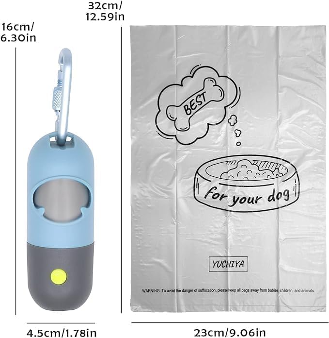 Dog Poop Bag Holder Dispenser with LED Flashlight - Night Visibility for Safe Evening Walks | Upgraded Hands-Free Leash Clip | Includes 15 Dog Waste Bags(Blue)