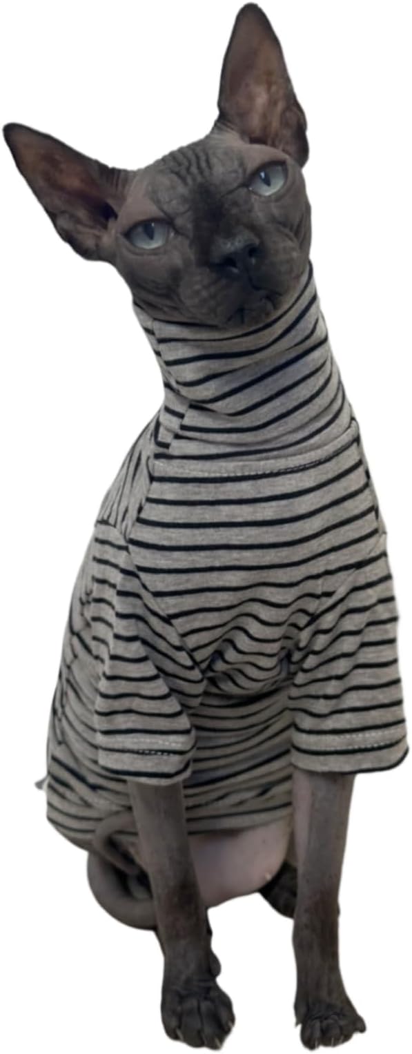Vintage Stripes Sphynx Hairless Cats Shirt Cotton Cat Turtleneck Pet Clothes Kitten T-Shirts with Sleeves for Sphynx Cornish Rex, Devon Rex, Peterbald (Grey Stripe, Small (Pack of 1))