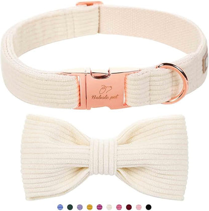 White Dog Collars for Medium Dog,Cute Corduroy Dog Collar with Bow Tie Safety Metal Buckle Adjustable Puppy Collars for Small Medium Large Boy&Girl Dogs