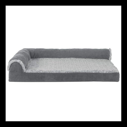 Furhaven Memory Foam Dog Bed for Large Dogs w/ Removable Bolsters & Washable Cover, For Dogs Up to 95 lbs - Two-Tone Plush Faux Fur & Suede L Shaped Chaise - Stone Gray, Jumbo/XL