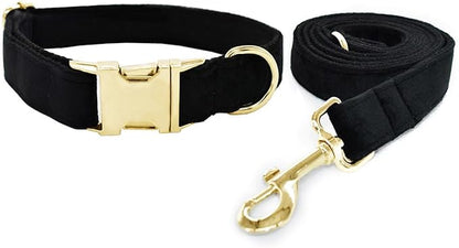 JAY D.L Dog Collar and Leash Set，Soft & Comfy Velvet Dog Collars with Heavy Duty Metal Buckle and Matching Lead Adjustable for Small Medium Large Dogs (Large, Black)