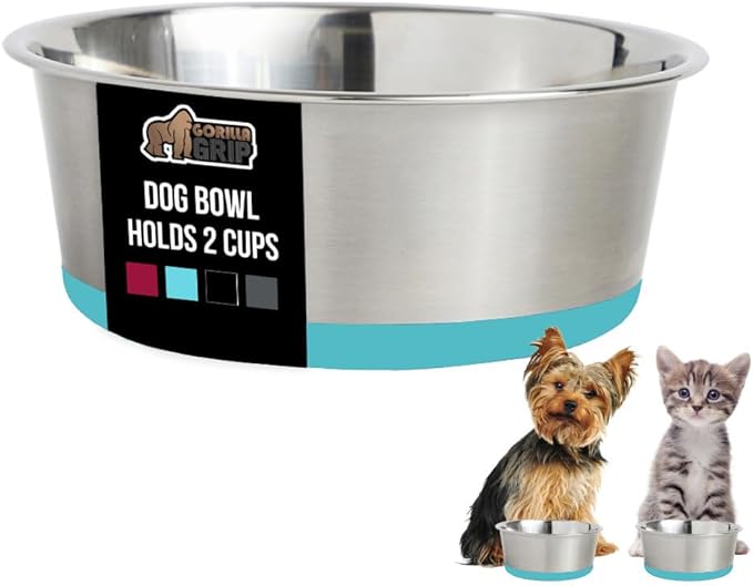 GORILLA GRIP Dog Bowls, Holds 2 Cups Each (16 fl oz), Heavy Duty Stainless Steel Food and Water Bowl for Feeding Dogs and Cats, Dishwasher Safe, Rust Resistant BPA Free Rubber Base, Set of 2 Turquoise