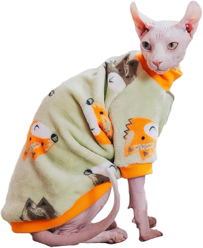 Sphynx Cat Warm Turtleneck Sweater, Thick Soft Double-Sided Fleece Clothes for Cats, Two-Legged Winter Onesie for Cats and Small Dogs,Pjs for Cats and Puppy (Fox, M (3.5-5lbs))