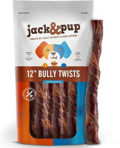 Jack&Pup 12" Bully Twists | Odor Free Bully Sticks for Dogs | Single Ingredient Dog Chew Sticks for Light Chewers | All Dog Breeds (15 Ct)