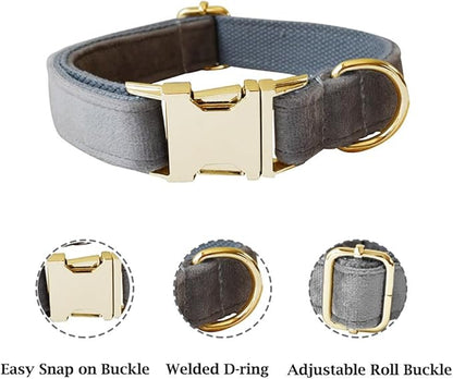 JAY D.L Dog Collar and Leash Set，Soft & Comfy Velvet Dog Collars with Heavy Duty Metal Buckle and Matching Lead Adjustable for Small Medium Large Dogs (XLarge, Silver Grey)