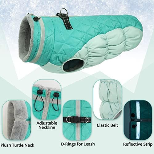 Lelepet Dog Coat Warm Dog Winter Coat Waterproof Dogs Jacket with Harness Built in Reflective Pet Fleece Vest Zip-Up Cold Weather Coats for Large Dogs Turtleneck Windproof Boston Terrier Mint Green