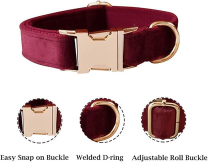 JAY D.L Dog Collar and Leash Set，Soft & Comfy Velvet Dog Collars with Heavy Duty Metal Buckle and Matching Lead Adjustable for Small Medium Large Dogs (Small, Wine Red)