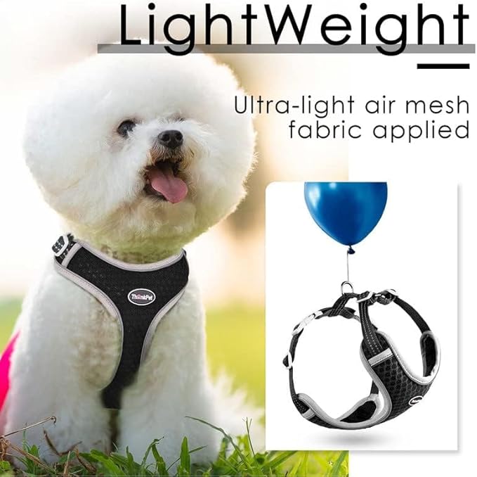 ThinkPet Reflective Breathable Soft Air Mesh No Pull Puppy Choke Free Over Head Vest Ventilation Harness for Puppy Small Medium Dogs and Cats (Black,XS)