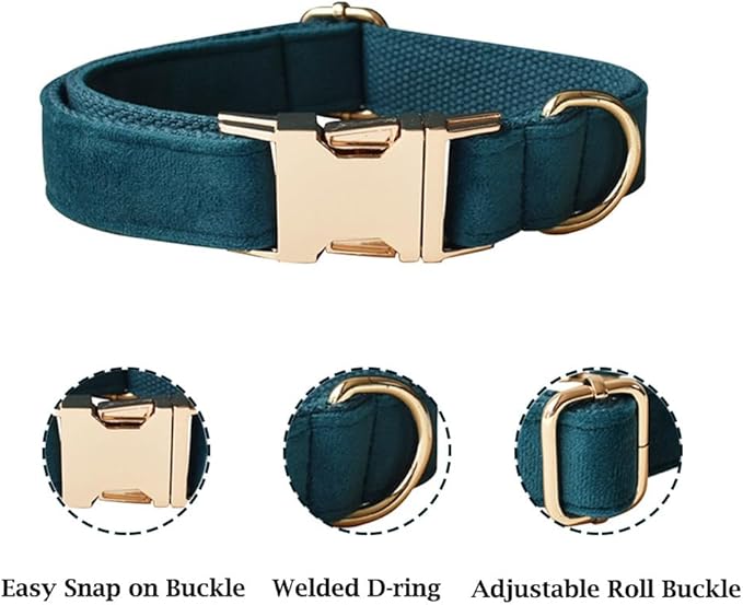 JAY D.L Dog Collar and Leash Set，Soft & Comfy Velvet Dog Collars with Heavy Duty Metal Buckle and Matching Lead Adjustable for Small Medium Large Dogs (Small, Peacock Green)