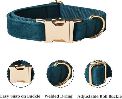 JAY D.L Dog Collar and Leash Set，Soft & Comfy Velvet Dog Collars with Heavy Duty Metal Buckle and Matching Lead Adjustable for Small Medium Large Dogs (Small, Peacock Green)