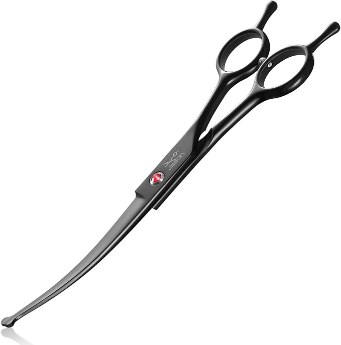 JASON 7.5" Dog Grooming Shear - Professional Up-curved Scissor with Round Tips Japanese Stainless Steel Hair Scissor for Dogs, Cats and Other Pets (Curved with Round Tips, Black) Christmas Gift
