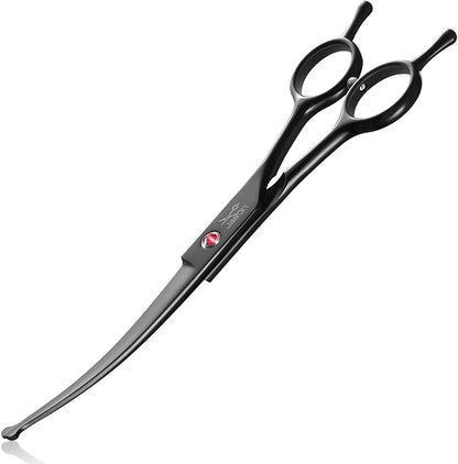 JASON 7.5" Dog Grooming Shear - Professional Up-curved Scissor with Round Tips Japanese Stainless Steel Hair Scissor for Dogs, Cats and Other Pets (Curved with Round Tips, Black) Christmas Gift