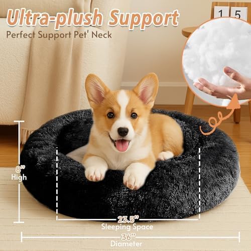 JOLLYVOGUE Calming Dog Bed Large Size Dog, Anti-Anxiety Donut Large Pet Bed, 36 inches Fluffy Faux Fur Round Cat Bed, Fits up to 75 lbs Pets (Black)
