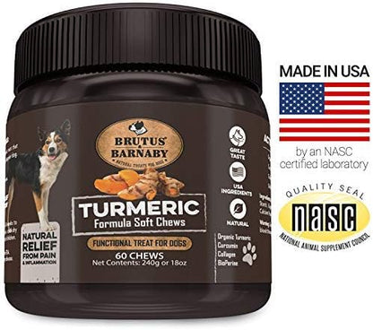 BRUTUS & BARNABY Turmeric for Dogs Anti Inflammatory Pain Relief - Curcumin for Dogs Chews with Collagen & Bioprene - Turmeric Supplement for Dogs Hips, Joint & Mobility Support (60 Count)