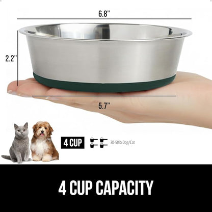 GORILLA GRIP Set of 2 Dog Bowls, Holds 4 Cups (32 fl oz), Heavy Duty Metal Food and Water Bowl for Feeding Dogs and Cats, Dishwasher Safe, Rust Resistant Stainless Steel, BPA Free Rubber Base, Green