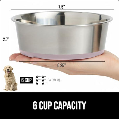 GORILLA GRIP Set of 2 Dog Bowls, Holds 6 Cups (48 fl oz), Heavy Duty Metal Food and Water Bowl for Feeding Dogs and Cats, Dishwasher Safe, Rust Resistant Stainless Steel, BPA Free Rubber Base, Lt Pink