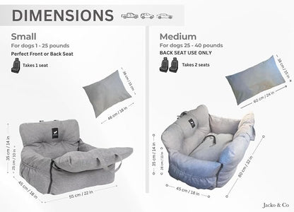 JACKO & CO - Premium Dog Car Seat v2 Booster Seat for Small & Medium Pets Under 25lbs - Machine Washable w Removable Cover, Water Resistant w Clip-On Leash for Front or Back Seat (Grey/Small (1-25lbs)