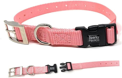 Sparky Pet Co - ECollar Replacement Strap - Easy Release Double Buckle Dog Collar - Rugged Nylon - Adjustable - D Ring - Quick Release Metal Clasp - for Invisible Fence Systems - 1" x 28" - Light Pink