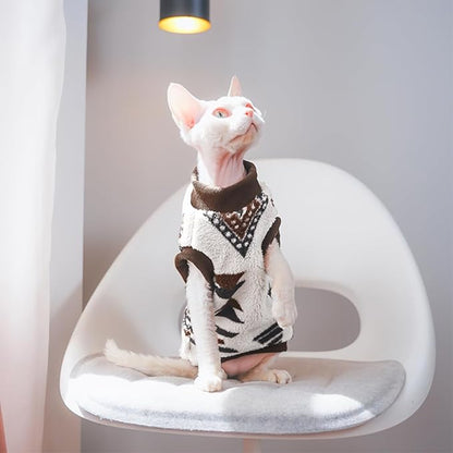 Snixfever Sphynx Cat Clothes,Boho Style Cat Clothes for Fall Winter, 2-Legged Fleece Lined Warm Shirt, Soft Plush Sweater for Hairless Cats Devon Rex (Beige, Large (5-6.5 lbs))