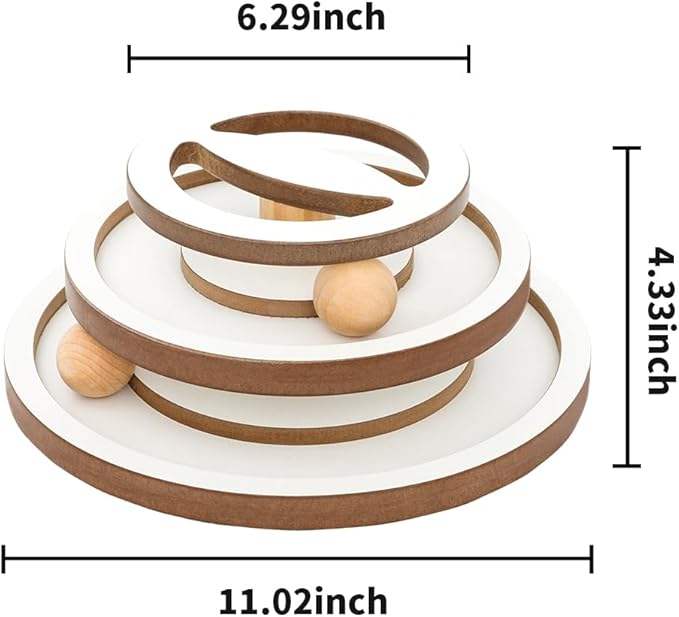 Lulu's world Premium Wooden Cat Ball Track Toy – Modern White & Wood Design – 11-Inch Extra Large Base – Fully Assembled Interactive Puzzle Tower with 2 Balls for Indoor Cats